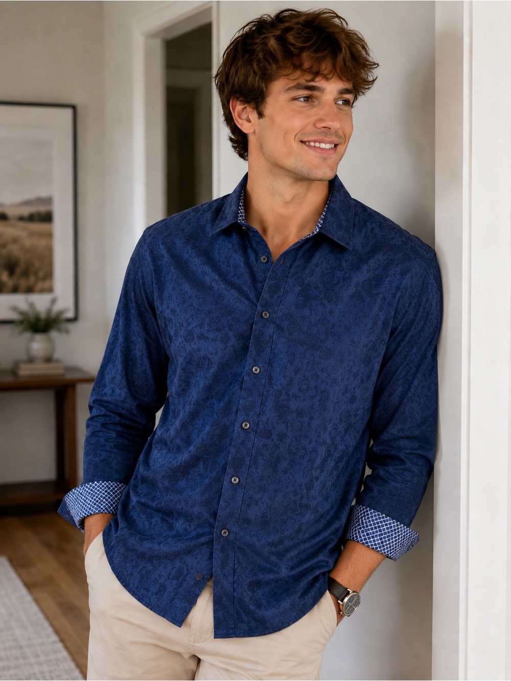 Quieti Men’s Blue Paisley Long Sleeve Button-Down Shirt 100% Cotton
